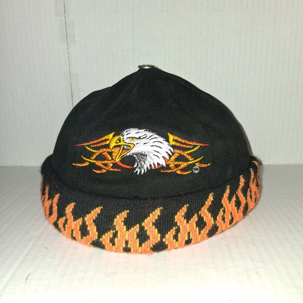 Biker Style Denim/Knit Cap Beanie by Capsmith Inc. Eagle and Flames Black Orange